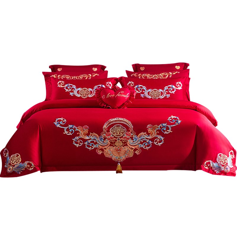 高档中式婚庆全棉四件套大红色刺绣被套纯棉结婚床上用品陪嫁婚房