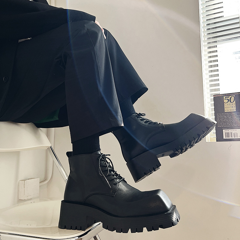 厚底马丁靴男短靴高筒男鞋黑色机车靴小众男鞋方头系带皮鞋韩版潮