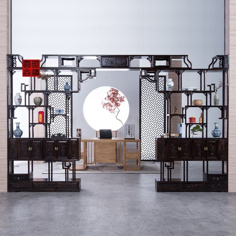 新中式伸缩月洞门实木博古架隔断客厅门多宝阁玄关柜月亮拱门定制