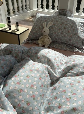 双层纱蕾丝花边床裙款蓝色小碎花床上四件套1.5m1.8被套床单田园