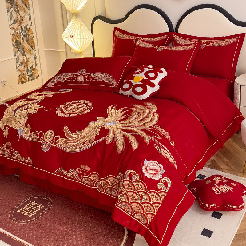 中式婚庆四件套婚床新婚刺绣红色婚房婚礼结婚被套婚嫁床品套件
