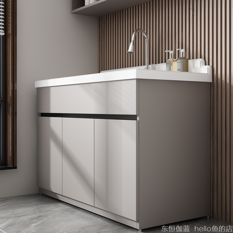 极简蜂窝铝整板洗衣柜组合人造石英石一体洗衣盆带搓板阳台洗衣槽