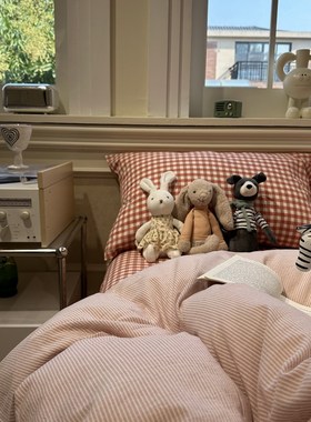 ins水洗棉混搭红色细条格子床单床上四件套全棉1.5m1.8被套三件套