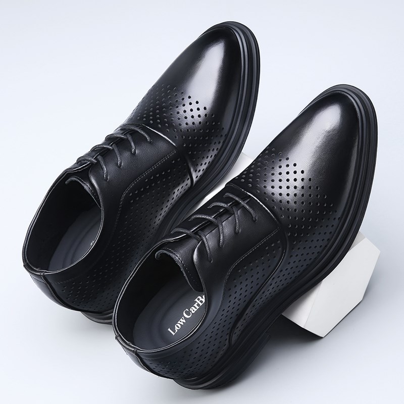 黑色内增高男鞋10cm隐形内增高镂空皮鞋男式系带商务正装结婚皮鞋