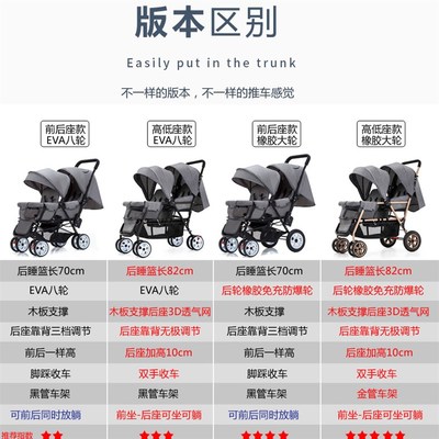 前后座双胞胎婴儿推车前后坐二胎双人可坐躺轻便折叠儿童手推车