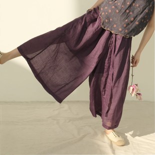 细苎麻双层防透阔腿裤女 宽松百搭松紧腰瑜珈太极打座纯麻裙裤