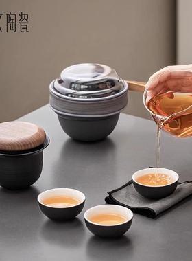 便携旅13071行套茶具装一壶三杯户外露式随营身快客杯泡茶壶便携