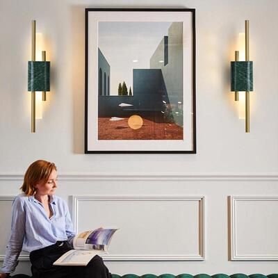 后现壁灯床头高级感玄代卧室过道大理60198石关氛围客背景装饰墙