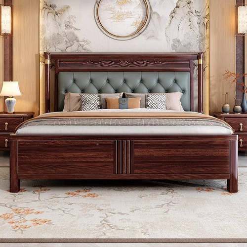 人新中式乌金木床主卧家1.室8用米双WJ6872-2大床酒店大卧实木床