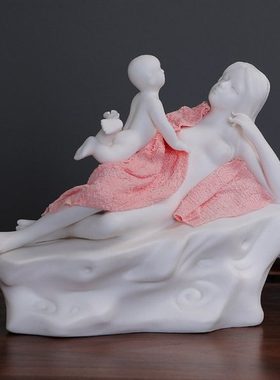 陶瓷现代人物创意美女家居工艺品 白瓷母子情深玄关办公摆件