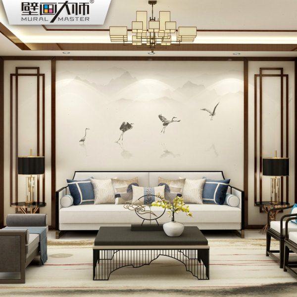 新中式墙布背景墙壁纸客厅沙发卧室无缝墙布意境山水仙鹤电视墙,家装主材,无纺布墙纸,淘宝优惠券,粉丝福利购,淘宝优惠卷