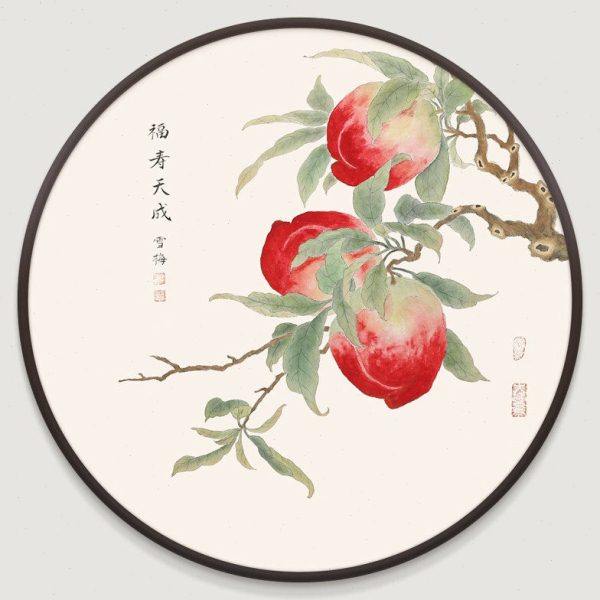网红新中式餐厅装饰画圆形柿子寿桃挂画事事如意玄关床头画