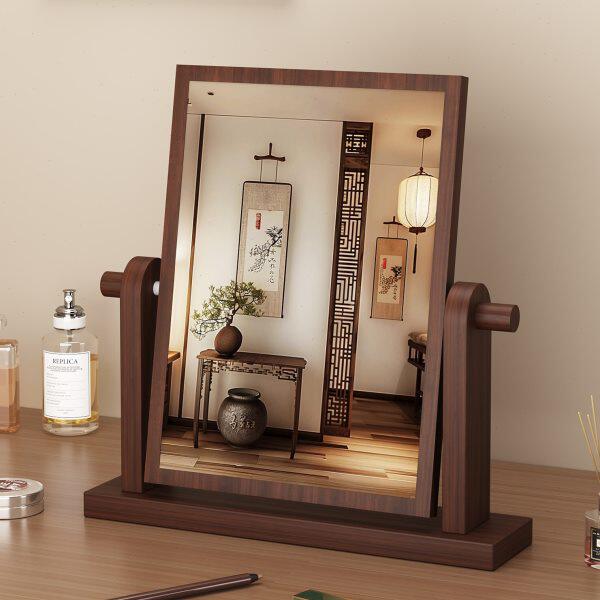 复古实木化妆镜台式桌面可旋转梳妆镜卧室家用高清大号梳妆台镜子