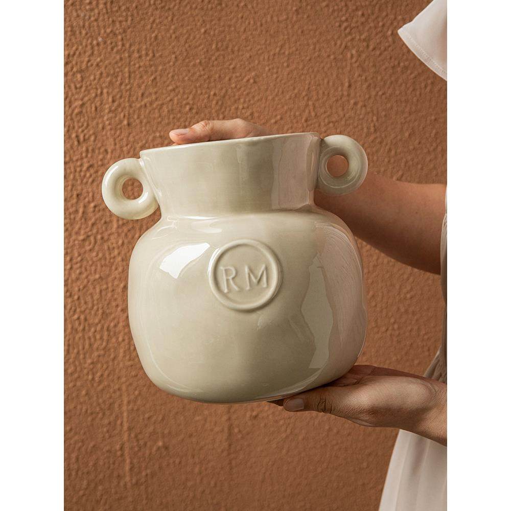 小悠家〖侘寂风〗复古双耳陶瓷插花器民宿装饰品花瓶摆件客厅轻奢