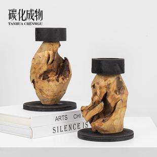 新中式 禅意简约酒店样板间客厅玄关桌面摆件 侘寂风碳化木烛台日式