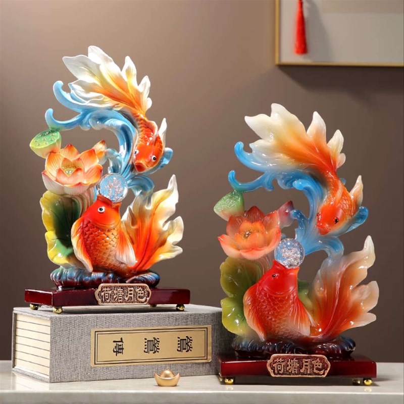 荷塘月色金鱼招财摆件创意新中式A工艺品树脂客厅玄关酒柜装饰桌