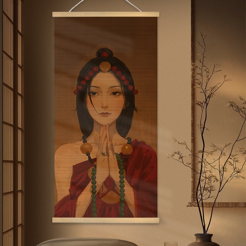 藏族卓玛新中式竹编挂画茶u室客厅印花竹帘玄关背景墙装饰美女墙