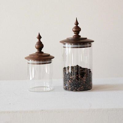 久伴咖啡茶叶糖果收纳罐玻璃密封储物罐厨房客厅餐厅高级中古实木