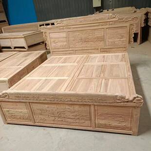 新中式1米8双人床全实木大床主卧纯实木复古古典雕花原木婚床白茬