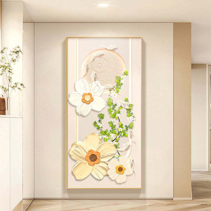 奶油风入户玄关装饰画现代简约九鱼绿植正对门墙壁画走廊过道挂画