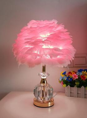 跨境简约足球钻石水晶羽毛台灯白色粉色灰色鹅毛床头装饰摆件台灯