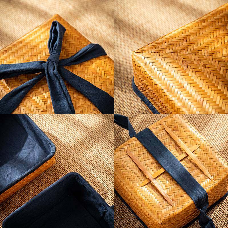 复古茶具收纳盒 竹制便携旅行茶具包 竹编日式收纳筐 桌面收纳篮