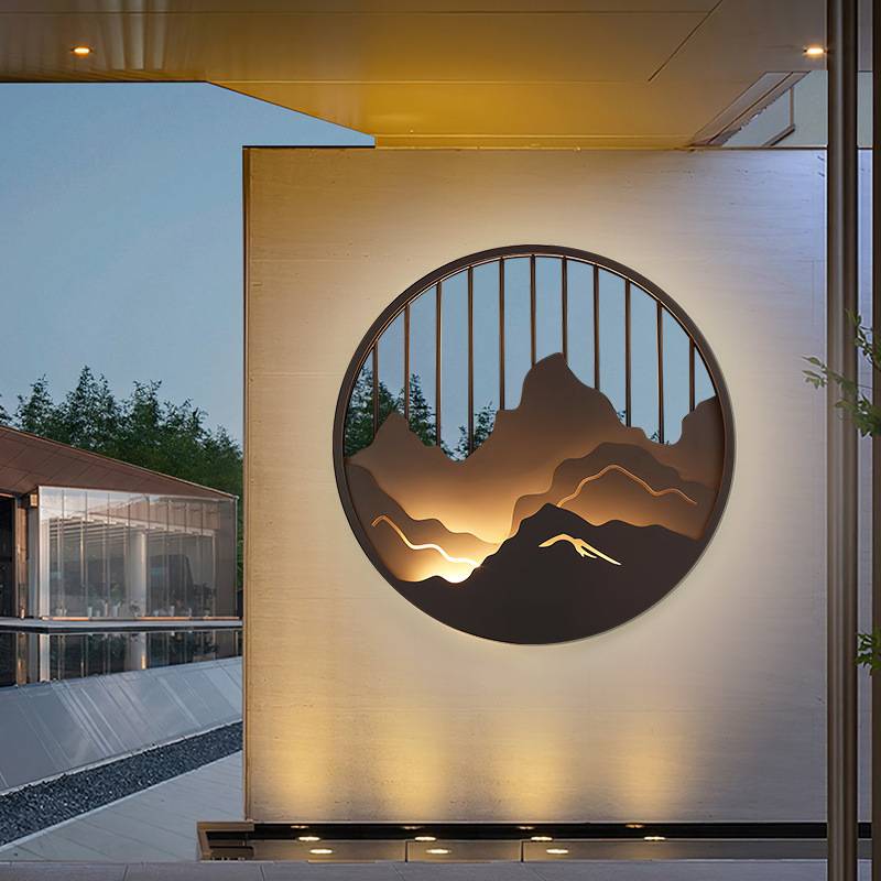 中国风山水禅意新中式户外庭院装饰圆形壁灯酒店玄关屏风花窗灯