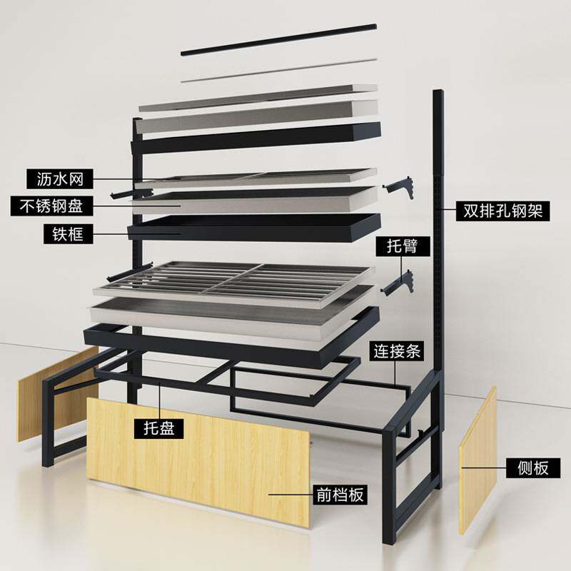 生鲜超市货架黑框不锈钢多层蔬菜水果货架双面中岛货柜果蔬展示架
