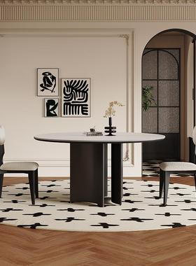 8V意式实木圆形餐桌轻奢现代简约小户型家用8人黑色复古岩板圆桌