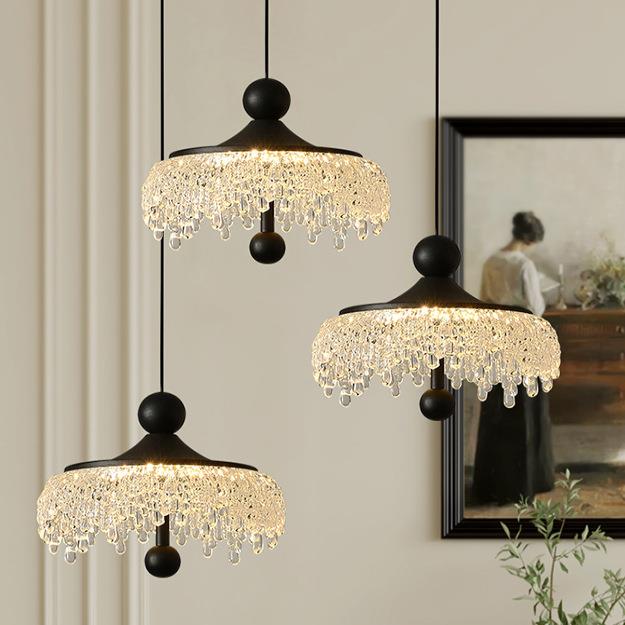 中古升降餐厅吊灯冰山水滴复古胡桃木色过道灯法式触摸小吊灯2025