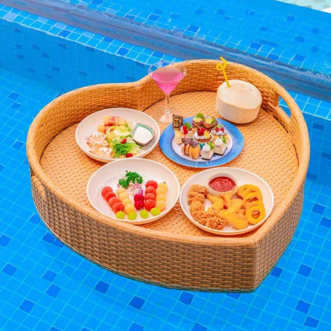 池温泉飘浮早餐网水果饮料漂浮托盘酒藤店民宿水上红编泳篮子0763