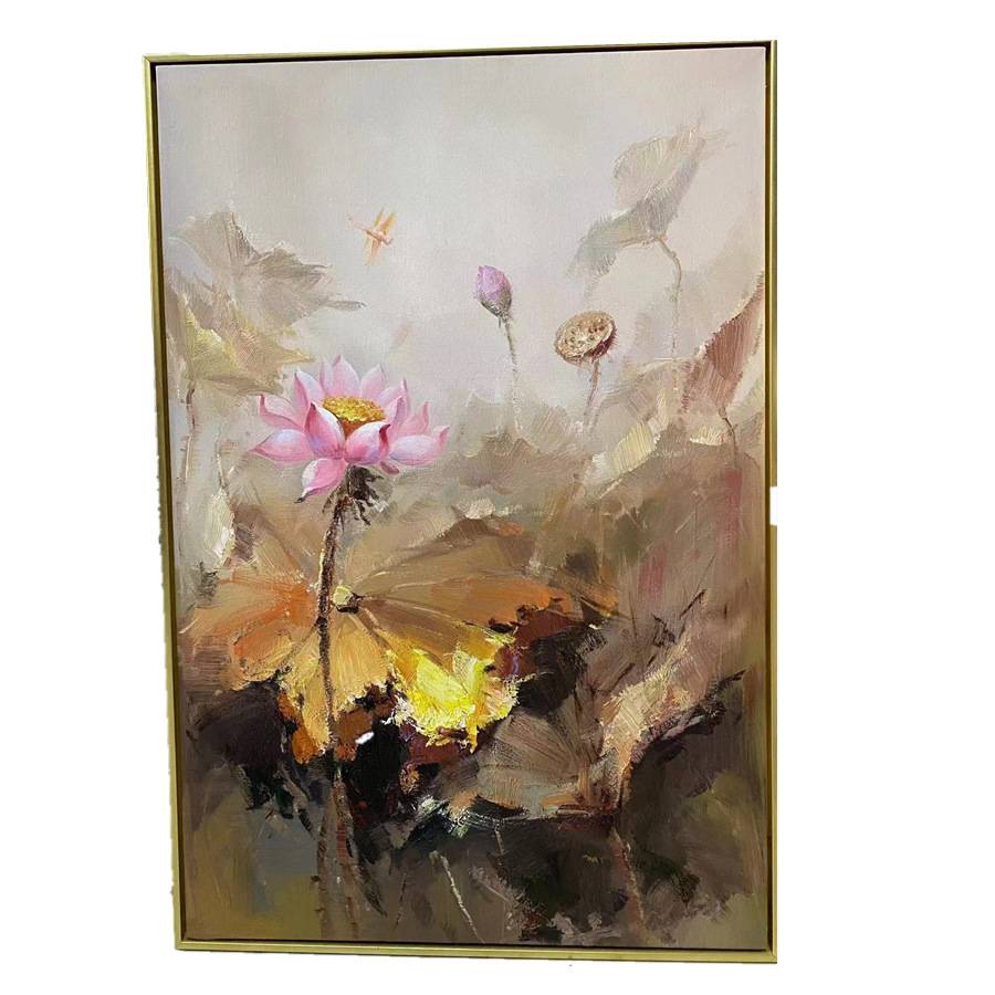 纯手绘印象派新中式油画荷花玄关装饰画走廊过道竖版挂画花卉壁画