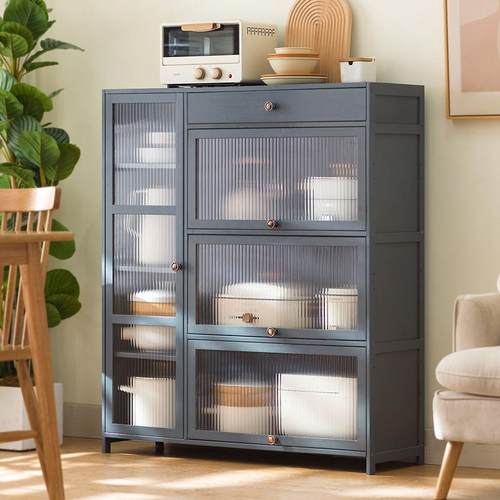 带门收纳柜翻盖式新款厨房置物架落地多层碗柜微波炉储物架小橱柜