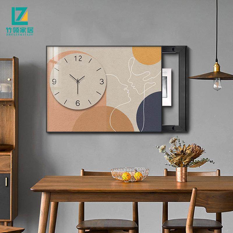 现代简约电表箱装饰画抽象几何带时钟遮挡强电源总开关挂画钟表画