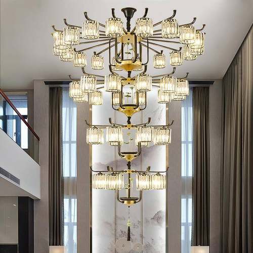 新中式复式楼别墅客厅大吊灯水晶轻奢现代楼梯楼中楼中空挑空灯具