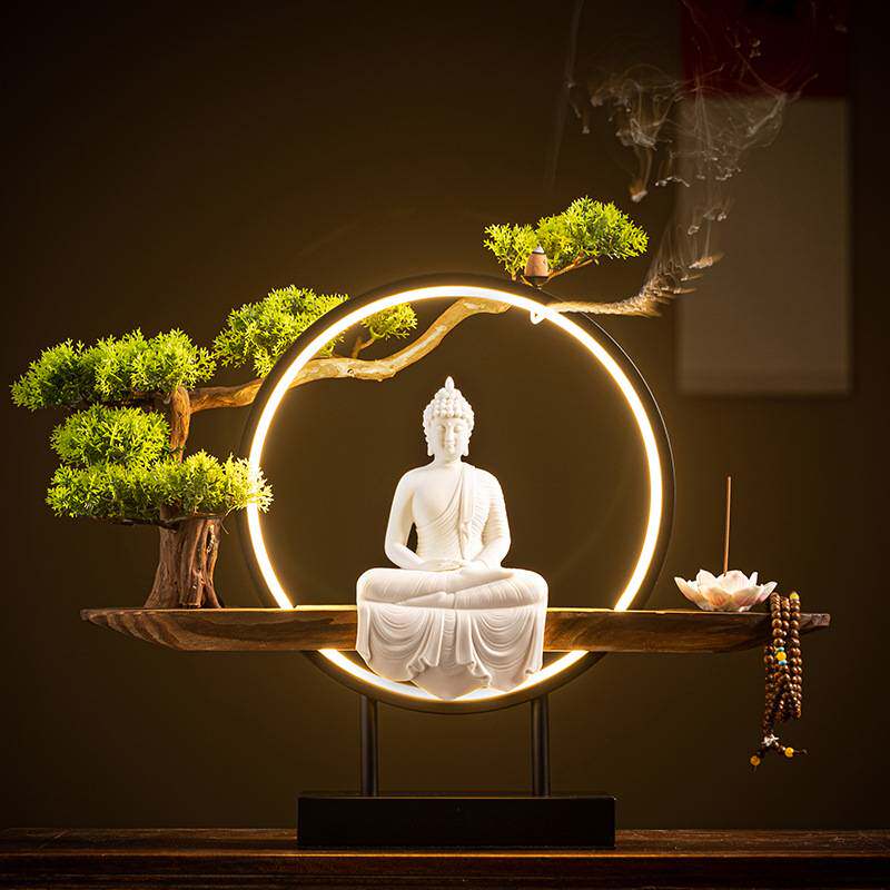 新中式禅意陶瓷释迦摩尼佛如来摆件家居客厅玄关茶室桌面创意灯圈