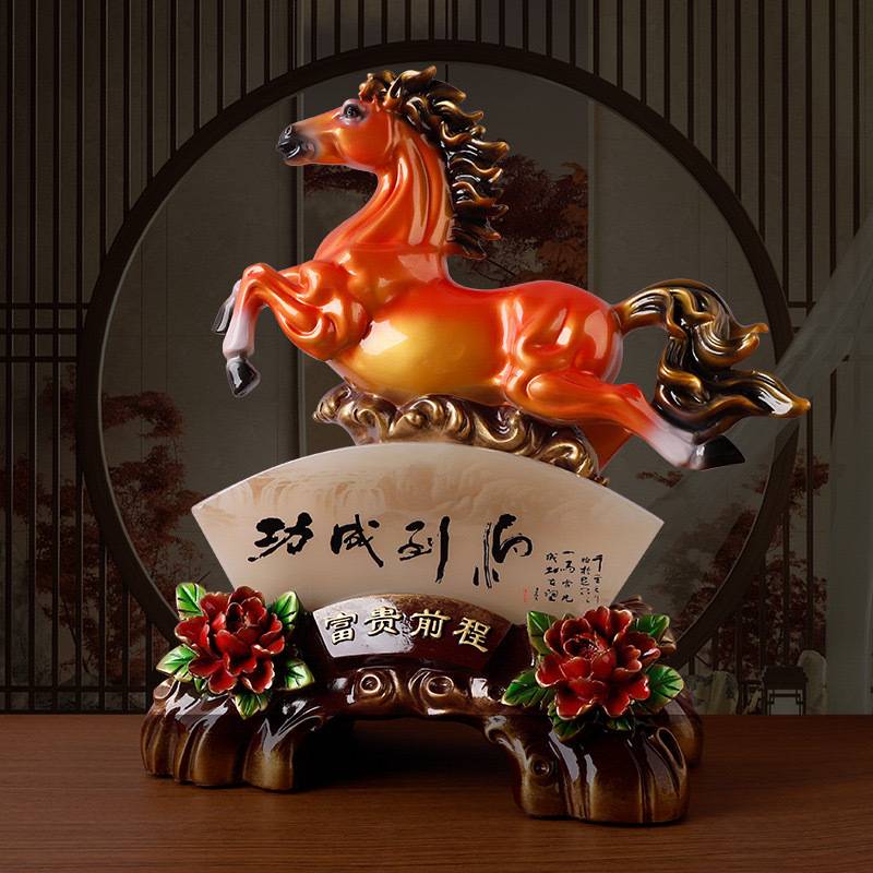 树脂厂家彩铜色富贵前程马到成功摆件创意中式办公桌书房玄关摆件