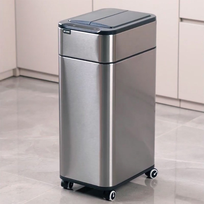 自动吸附套袋带滚轮感应垃圾桶 不锈钢双开门家用大容量厨房办公