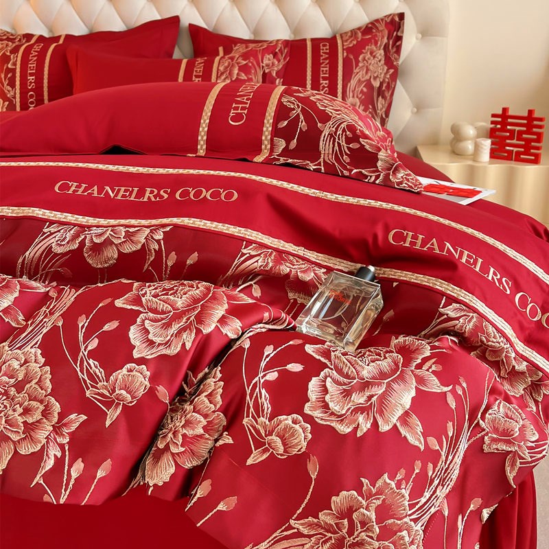 高档大红色婚庆四件套新婚床单被套纯棉备婚喜被结婚床上用品婚房