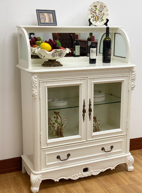美式乡村实木餐边柜备餐柜白色雕花储物柜欧式酒柜U厨房茶水柜碗