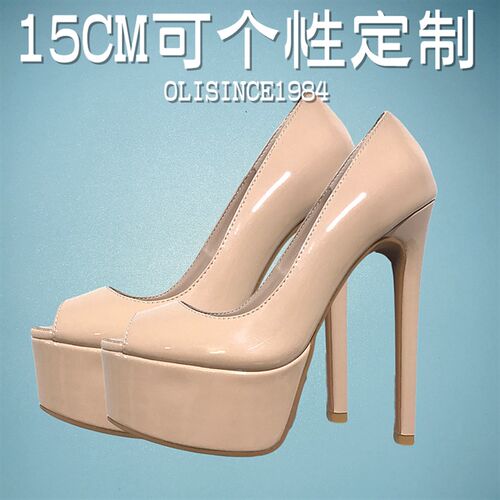 15CM裸色鱼嘴高眼鞋黑色t职业细跟防水台夜店时装走秀鞋大码33码
