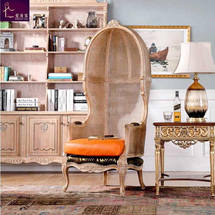 美式实木沙发椅法式仿古藤椅单人太空椅高背洽谈椅橡木风化白椅子,住宅家具,沙发椅,淘宝优惠券,粉丝福利购,淘宝优惠卷