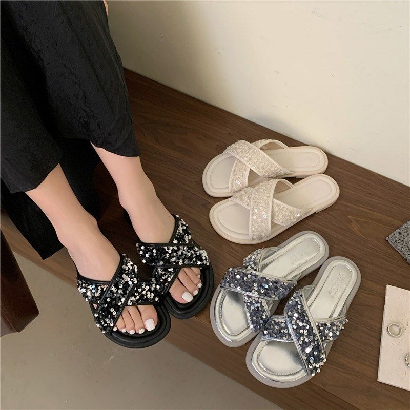 亮片女士拖鞋女夏外穿新款交叉带凉拖温柔仙女晚风平底海边沙滩鞋,女鞋,一字拖,淘宝优惠券,粉丝福利购,淘宝优惠卷