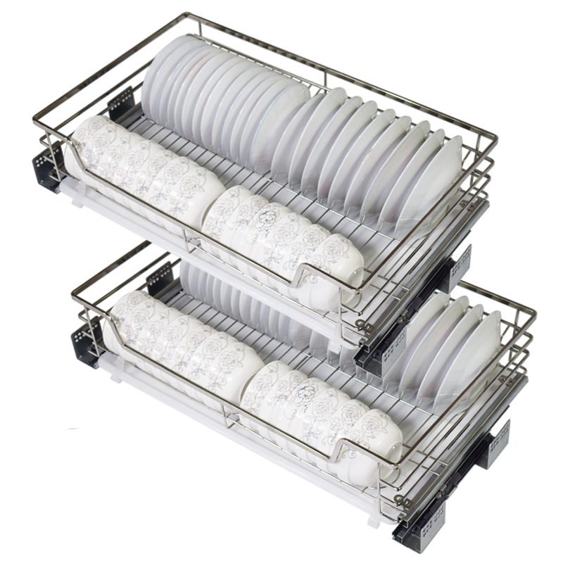 不锈钢304拉篮厨房橱柜双层阻尼轨道抽屉式碗碟架碗篮收纳调味篮