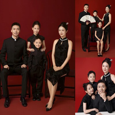 影楼主题亲子装一家四口全家福拍照服装影楼主题亲子装拍照中山装