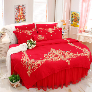 新款 纯棉婚庆圆床多件套四件套多套件婚庆结婚红色大红龙凤绣花2m