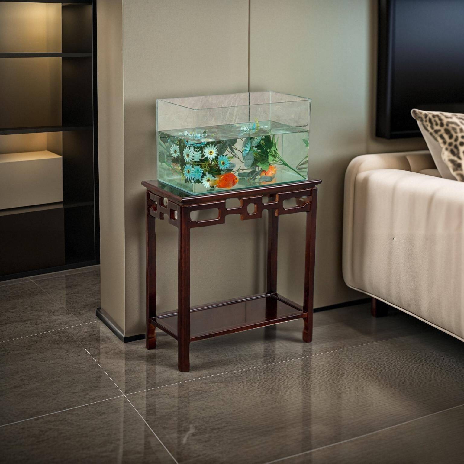 实木花架鱼缸架茶几边几盆景架摆件桌工艺品奇石中式长方形石头桌