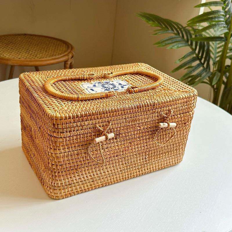 越南秋藤编织收纳茶道配收纳长方形桌面物品一箱件收纳整理箱盒大