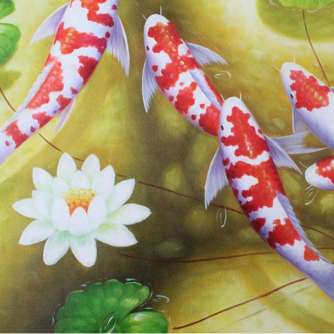 手绘油画锦鲤鱼风景花203风水装饰油横版荷花框莲无手工画挂画