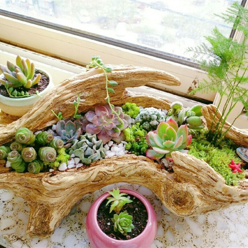 大号创意口径f长方形仿木头根雕枯木桩复古多肉花盆树脂工艺品摆